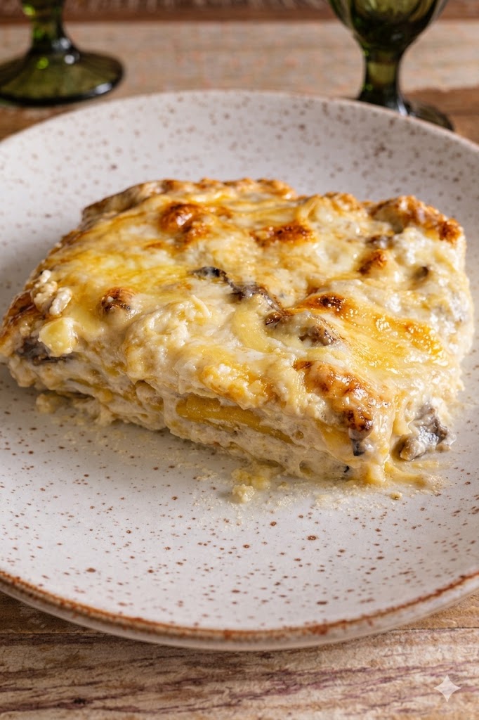 Fatia de lasanha bolonhesa gratinada servida em prato claro.